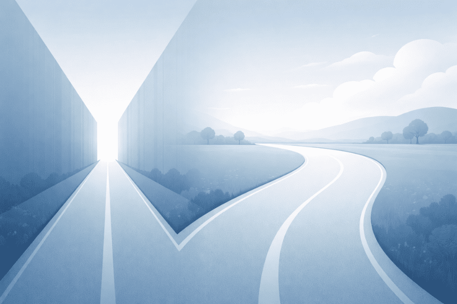 Stylized landscape with a fork in the road: one path enters a corridor of translucent buildings, the other winds through trees and hills, symbolizing a strategic choice between two business directions and choosing between custom software development and ready-made software.