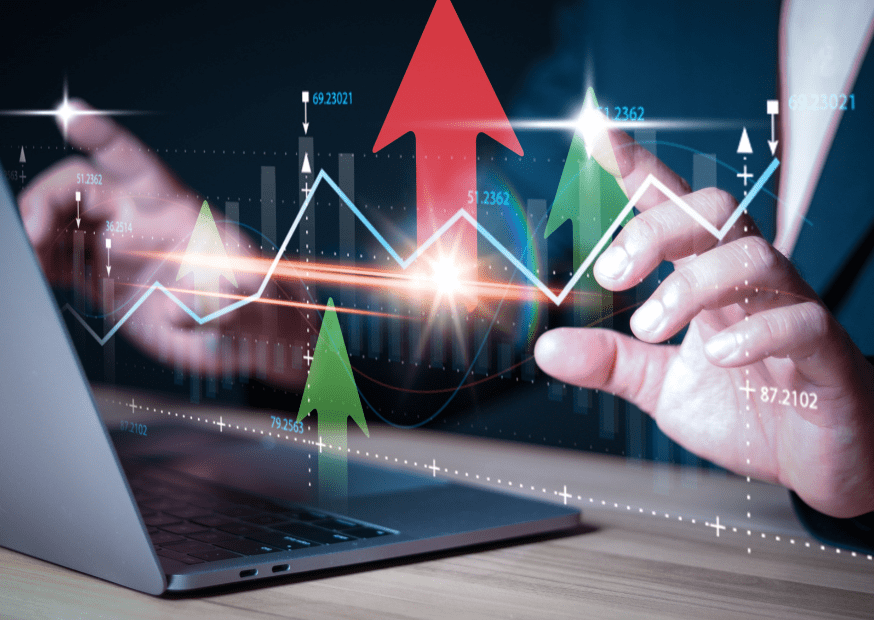 "Discover key strategies for business growth with this engaging image featuring a laptop and hands interacting with rising financial graphs and arrows. This visual effectively highlights increasing market trends and successful business strategies, making it ideal for topics related to financial analysis and business development.