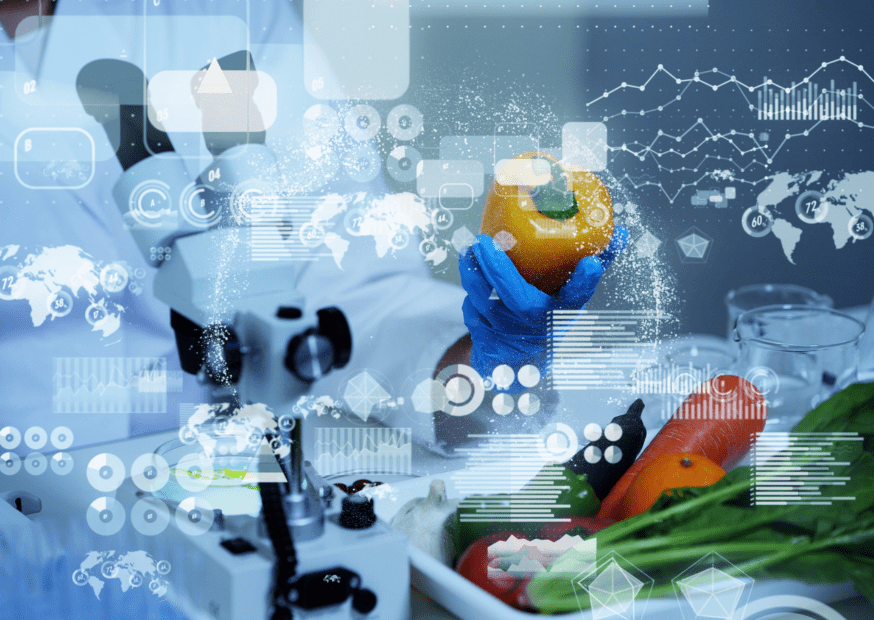 Foodtech scientist in blue gloves examining a yellow bell pepper in a high-tech laboratory. The laboratory includes a microscope, various vegetables, and digital overlays of graphs, charts, and world maps, showcasing the integration of technology and food science.