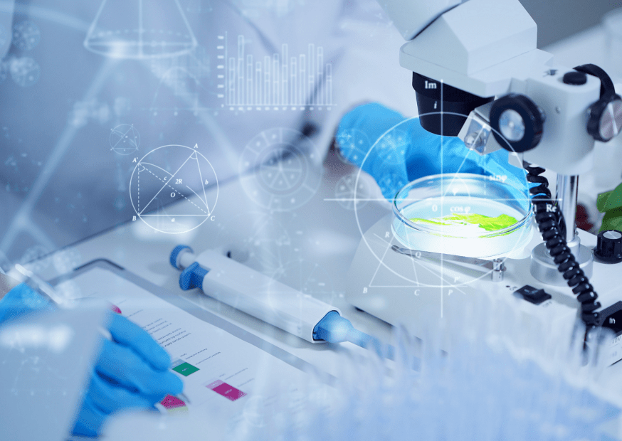 Foodtech research lab with a microscope examining plant samples in a petri dish, surrounded by scientific diagrams and data charts, highlighting advanced food technology and innovation.