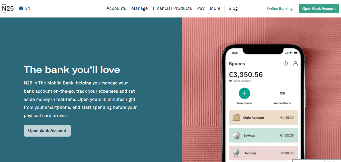 N26: A German branchless bank offering online banking services in Europe and the US.