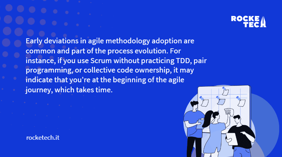 Quote "Early deviations in agile methodology adoption are common and part of the process evolution. For instance, if you use Scrum without practicing TDD, pair programming, or collective code ownership, it may indicate that you're at the beginning of the agile journey, which takes time." - A text block against a blue background and a schematic drawing of development team in a meeting discussing a project.