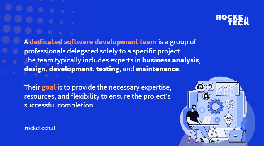 An infographic explaining what a dedicated software development team is.