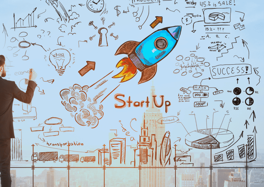 A startup founder draws a metaphorical plan for startup launch and a map of startup scaling challenges