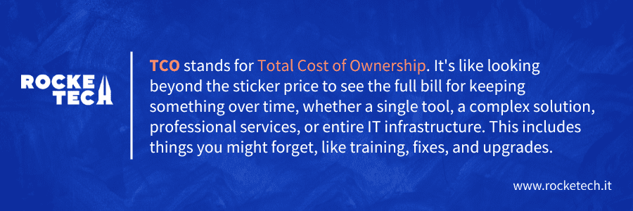 TCO explained: Text overlay on blue background clarifies Total Cost of Ownership as a concept, considering all expenses beyond the initial purchase price. The text goes as follows: TCO stands for Total Cost of Ownership. It's like looking beyond the sticker price to see the full bill for keeping something over time, whether a single tool, a complex solution, professional services, or entire IT infrastructure. This includes things you might forget, like training, fixes, and upgrades.