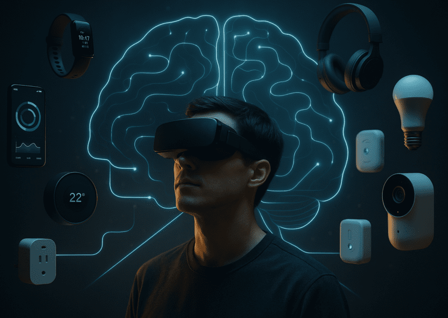 A visual representation of smart devices interacting with human cognition. From wearables to home automation, explore how technology shapes behavior and daily life and discover what IoB is.