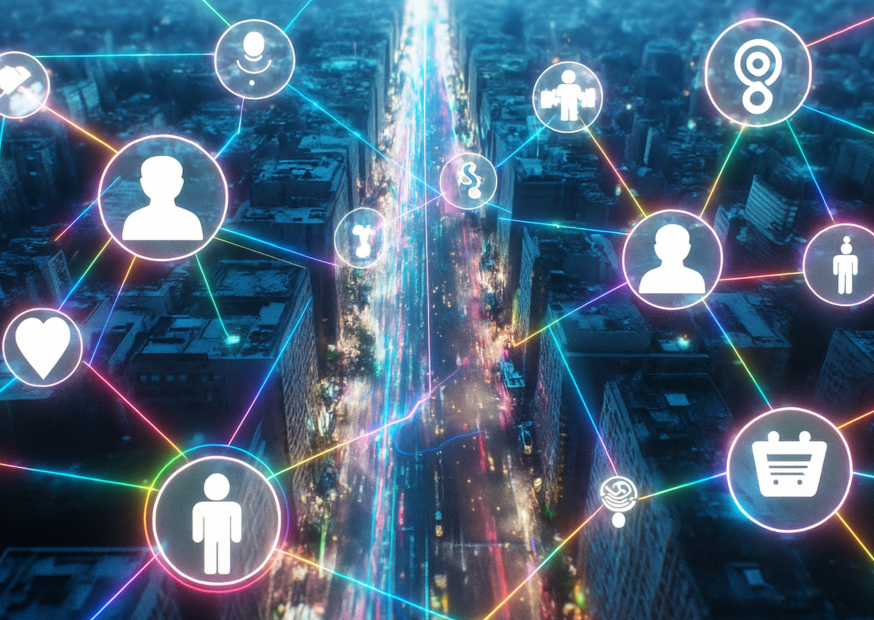 Explore how IoB for business transforms smart cities with interconnected data networks. This image illustrates the power of behavioral insights, digital connectivity, and urban tech integration to drive smarter decisions and customer engagement.