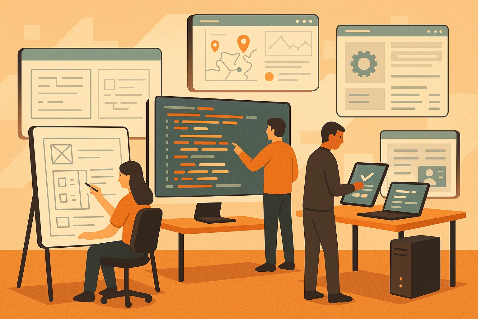 A digital isometric illustration of custom software development. A team of developers is building a unique digital interface on large screens, with visible code, design wireframes, and flowcharts. The workspace is active and collaborative — one person codes, another sketches UX ideas, another tests the software. Nearby are representations of client-specific tools and workflows (e.g., a logistics dashboard, manufacturing machine UI, or medical records system), emphasizing customization. The background suggests precision, control, and long-term value, using warm, tailored colors and tech-modern visuals.