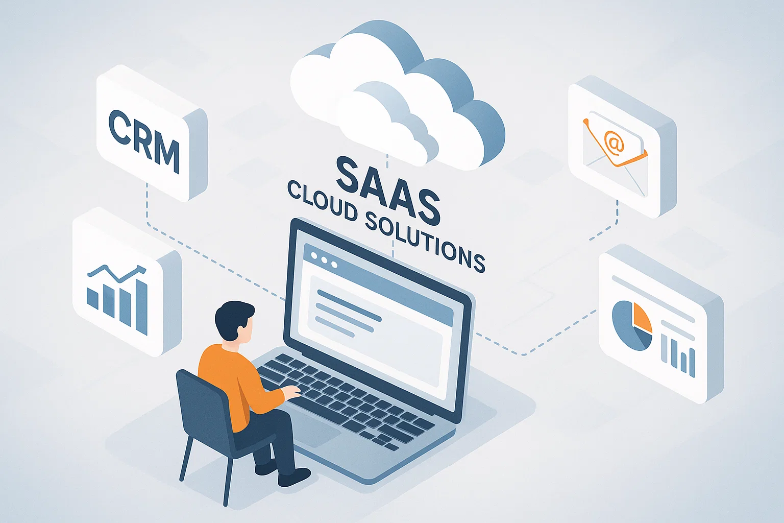 An isometric digital illustration showing the concept of SaaS cloud solutions. A user accesses software through a web browser on a laptop, with cloud icons above, symbolizing remote access. Around the user, various business tools like CRM, analytics, and email marketing apps are floating as icons, all connected to the cloud. The background is modern and tech-themed, with soft gradients and minimalistic design, conveying ease of use, scalability, and real-time connectivity.