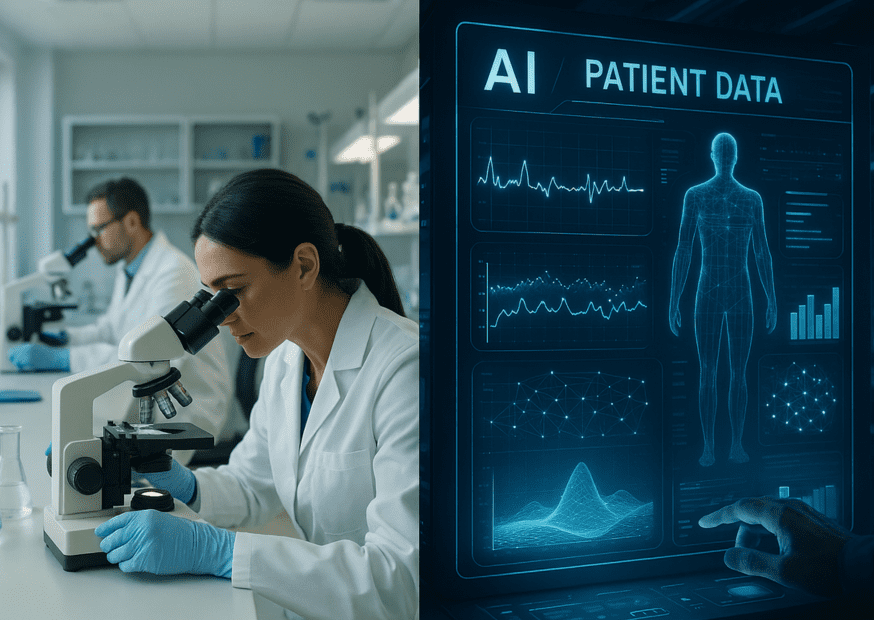Split-screen image showing scientists in a lab on the left and an AI interface analyzing patient data on the right, illustrating the fusion of traditional research and AI-driven healthcare.