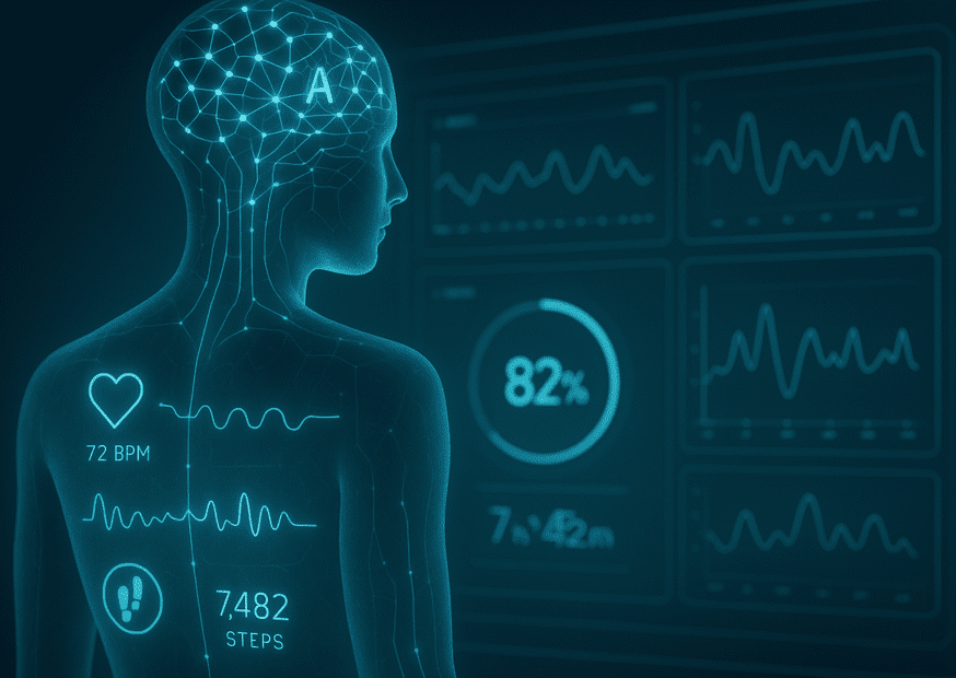 Digital illustration of a translucent human figure with glowing neural pathways, health metrics like heart rate and steps, and a brain labeled “A,” representing advanced AI-powered health monitoring.
