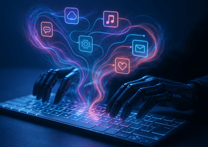 What is vibe coding? An image of robotic hands typing on a keyboard, surrounded by vibrant icons like cloud storage, music, and messaging. Dive into the fusion of emotion, AI, and digital expression.