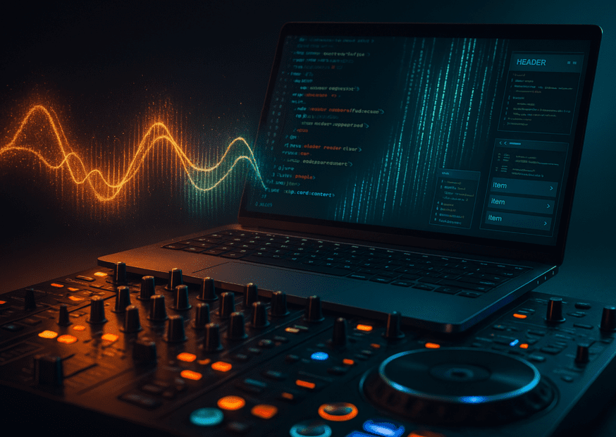 What is vibe coding? A dynamic image featuring a laptop displaying code, a DJ mixer, and colorful sound waves. Uncover how music and programming blend into a creative tech experience.