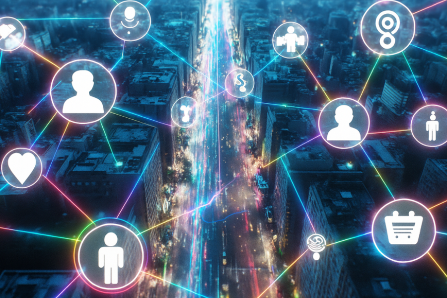 Explore how IoB for business transforms smart cities with interconnected data networks. This image illustrates the power of behavioral insights, digital connectivity, and urban tech integration to drive smarter decisions and customer engagement.