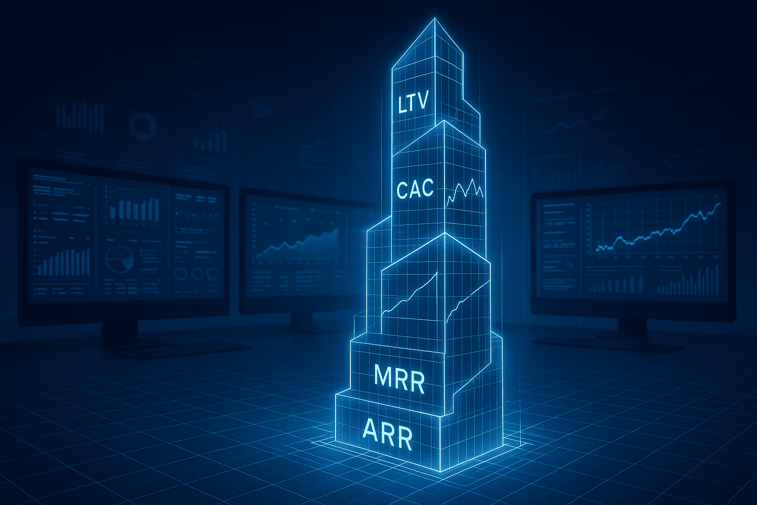 Futuristic tower made of glowing blocks labeled ARR, MRR, CAC, and LTV, set in a data-driven control room with financial charts, symbolizing core metrics in SaaS financial modeling.