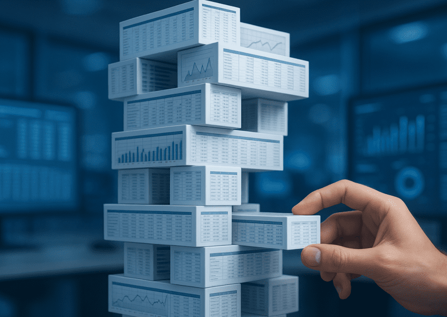 Hand removing a block from a tower made of data charts and spreadsheets, set against screens with financial graphs — representing the delicate balance of B2B SaaS financial decisions.