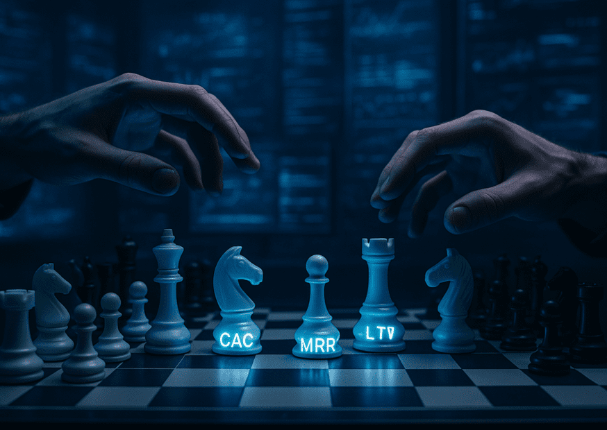 Stylized chessboard with glowing pieces labeled CAC, MRR, and LTV, and two hands making strategic moves — symbolizing key metrics in B2B SaaS financial planning.