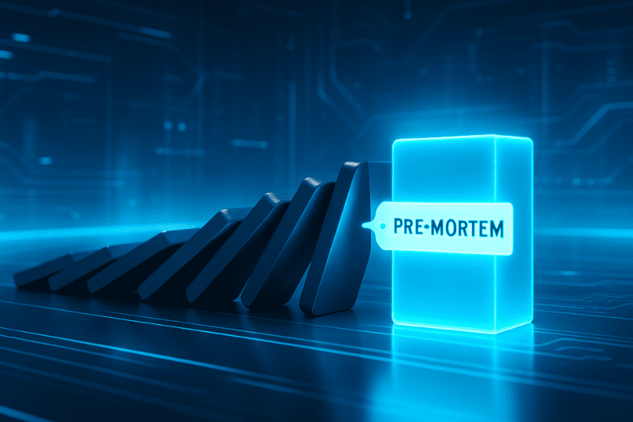 Illustration of falling dominoes halted by a glowing “Pre-Mortem” block, symbolizing startup risk prevention in a digital tech environment.
