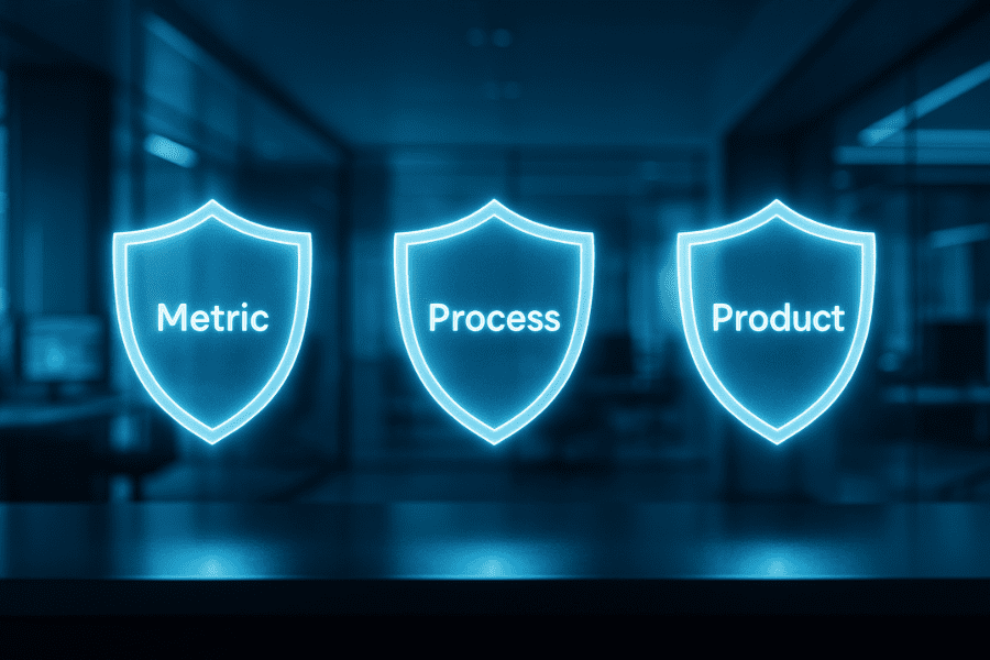 Digital illustration of three glowing shields labeled Metric, Process, and Product, representing startup risk firewalls in a futuristic tech setting.