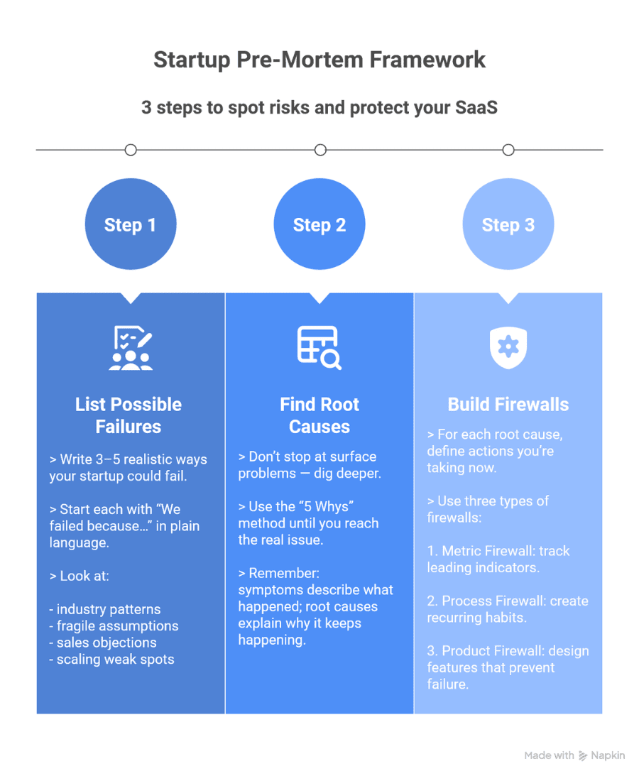 Infographic outlining a 3-step pre-mortem framework for SaaS startups: list failures, find root causes, and build metric, process, and product firewalls.