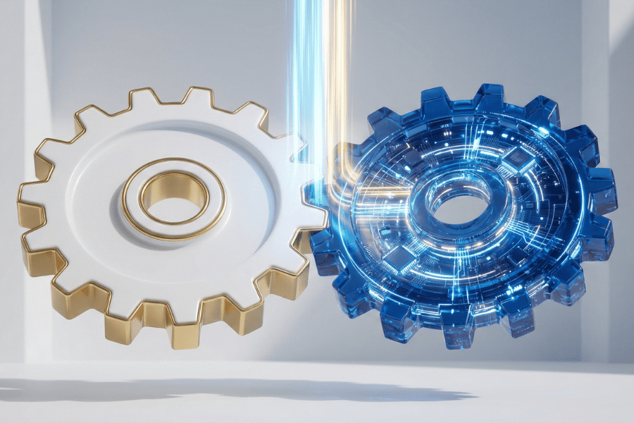 Two floating gears connected by light beams: one gold-edged and mechanical, the other translucent blue with circuit patterns — representing the fusion of business strategy and technical leadership in SaaS startup pitching.