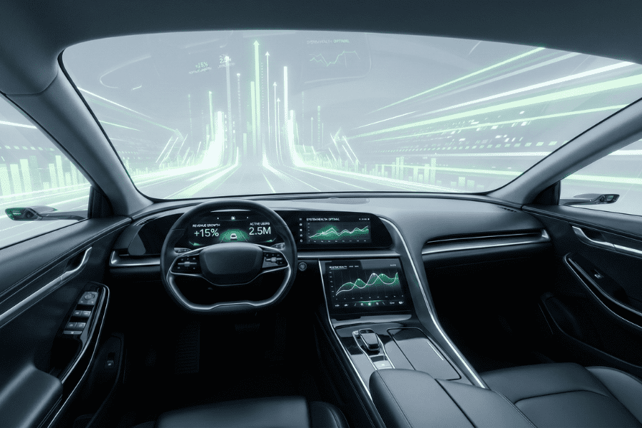 High-tech vehicle interior with digital screens displaying “REVENUE GROWTH +15%” and “ACTIVE USERS 2.5M,” plus augmented reality charts on the windshield — symbolizing data-driven SaaS pitching and CTO collaboration.