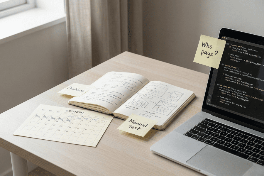 Workspace with a laptop displaying code, an open notebook filled with MVP plans and customer insights, sticky notes labeled “Who pays?”, “Problem”, and “Manual test”, and a 30‑day task sheet with completed items — representing the early stages of building a SaaS MVP with minimal resources.