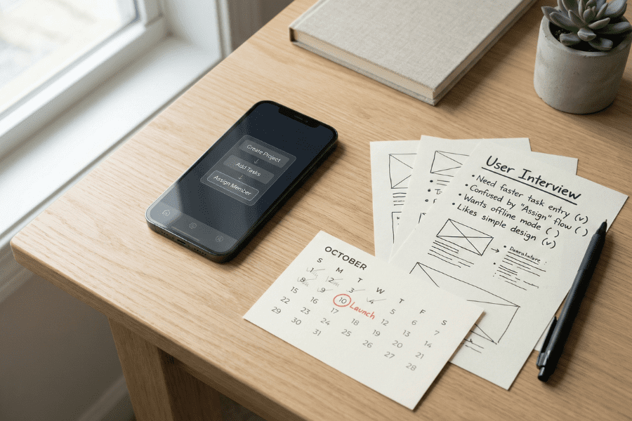 Neat desk setup with a smartphone showing a basic app interface, handwritten user‑interview notes highlighting key feedback, a calendar with “Launch” circled, and a small plant — representing early MVP testing and customer‑driven product decisions.