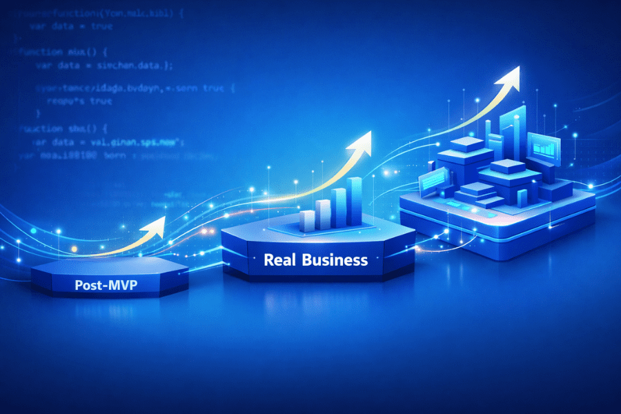Digital illustration showing three stages of SaaS growth labeled “Post‑MVP” and “Real Business,” with upward arrows, charts, and code in the background, symbolizing the progression toward mature, scalable pricing.