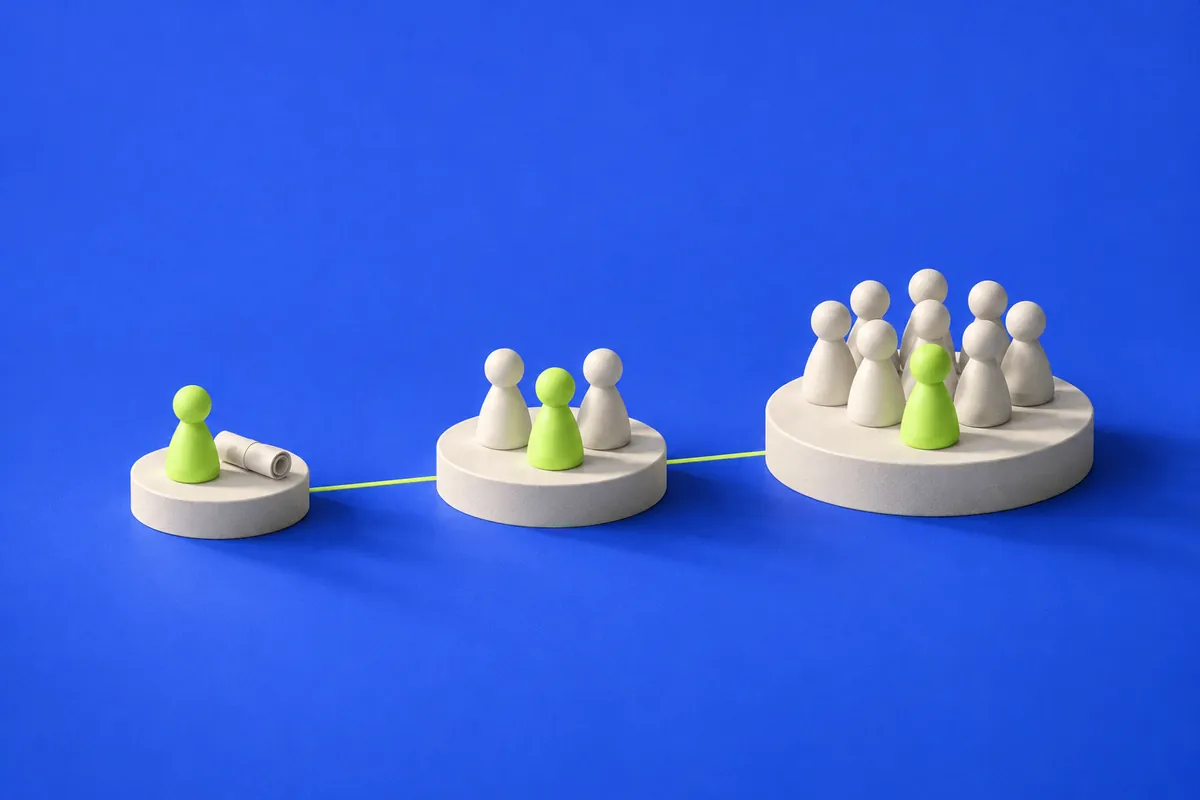 A lime pawn alone, then with three pawns, then leading nine on bigger platforms: a startup CTO's job grows with the team