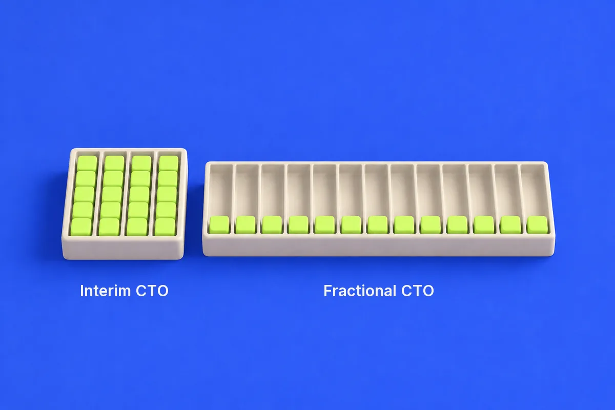 Interim CTO vs fractional CTO: a short tray packed with hours next to a long tray with a few hours in every month