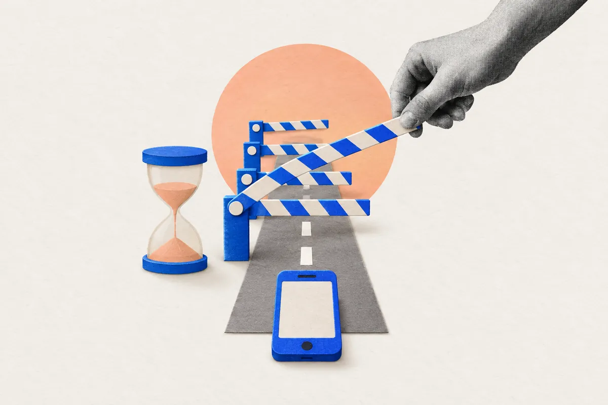 A paper phone waits on a road behind four barriers next to an hourglass: what delays an app launch after the code is done