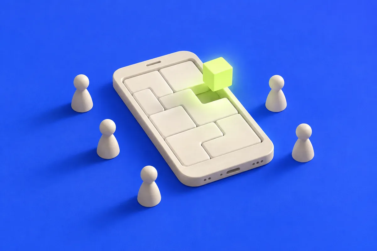 Five pawns around a phone built from ready-made blocks as a glowing AI block drops in: a small team building an AI app fast