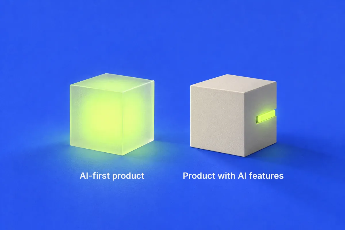 A glowing cube labeled AI-first product next to a plain box with one AI chip labeled Product with AI features