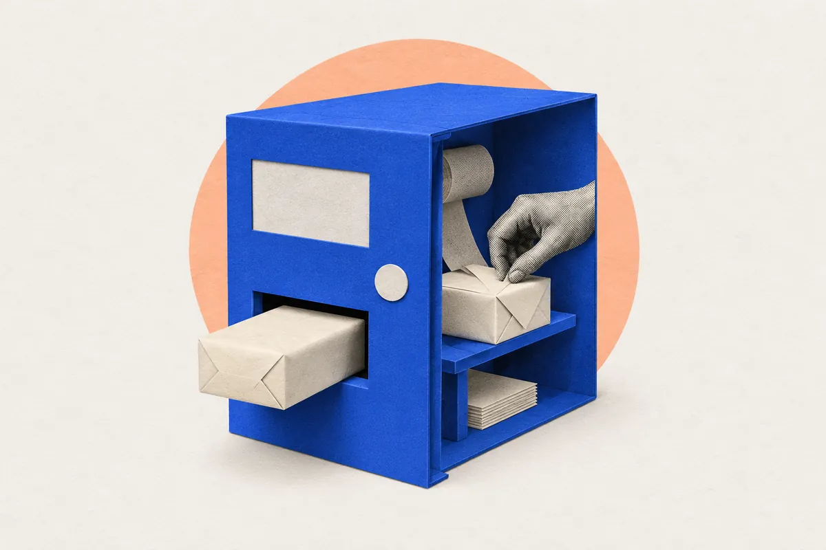 Wizard of Oz MVP: a paper machine hands out a finished parcel at the front while a hand wraps it inside