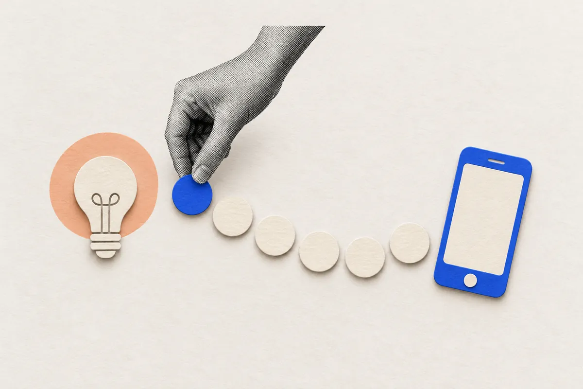 A hand places the first of six stepping stones between a lightbulb and a phone: the steps from an app idea to launch
