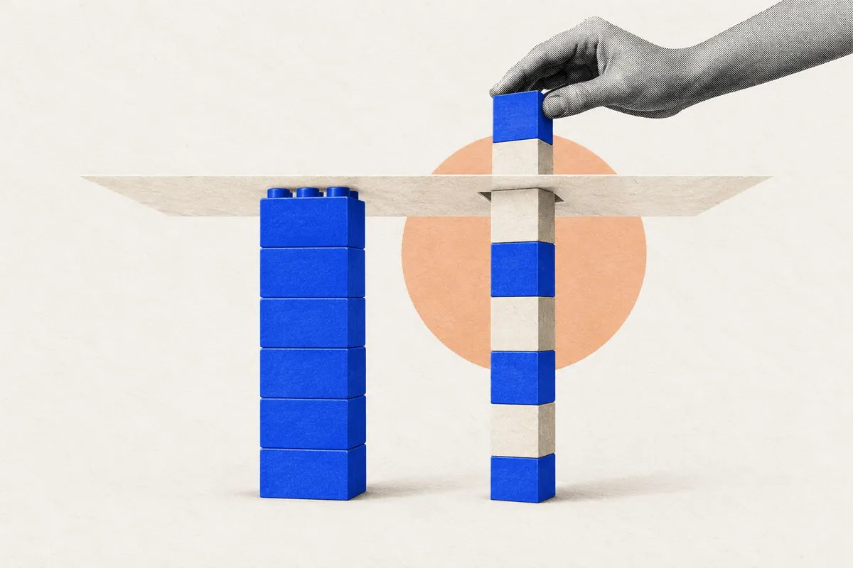 A toy-brick tower stops at a paper ceiling while a custom-cut tower goes through it: where no-code MVP tools hit a limit