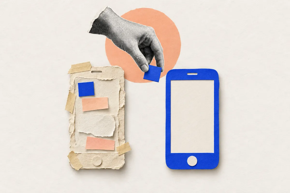 A hand moves a block from a taped paper prototype phone to a solid blue phone: prototype with an AI builder, then rebuild