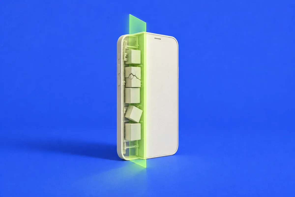 A lime scan through a phone shows cracked and loose blocks inside: hidden problems in a vibe-coded app before launch