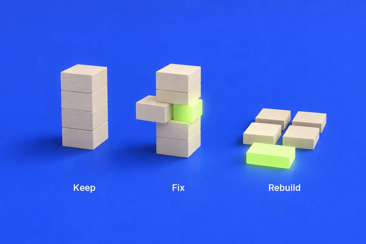 Keep, fix or rebuild a vibe-coded app: a solid block tower, a tower with one block swapped, and a tower taken apart